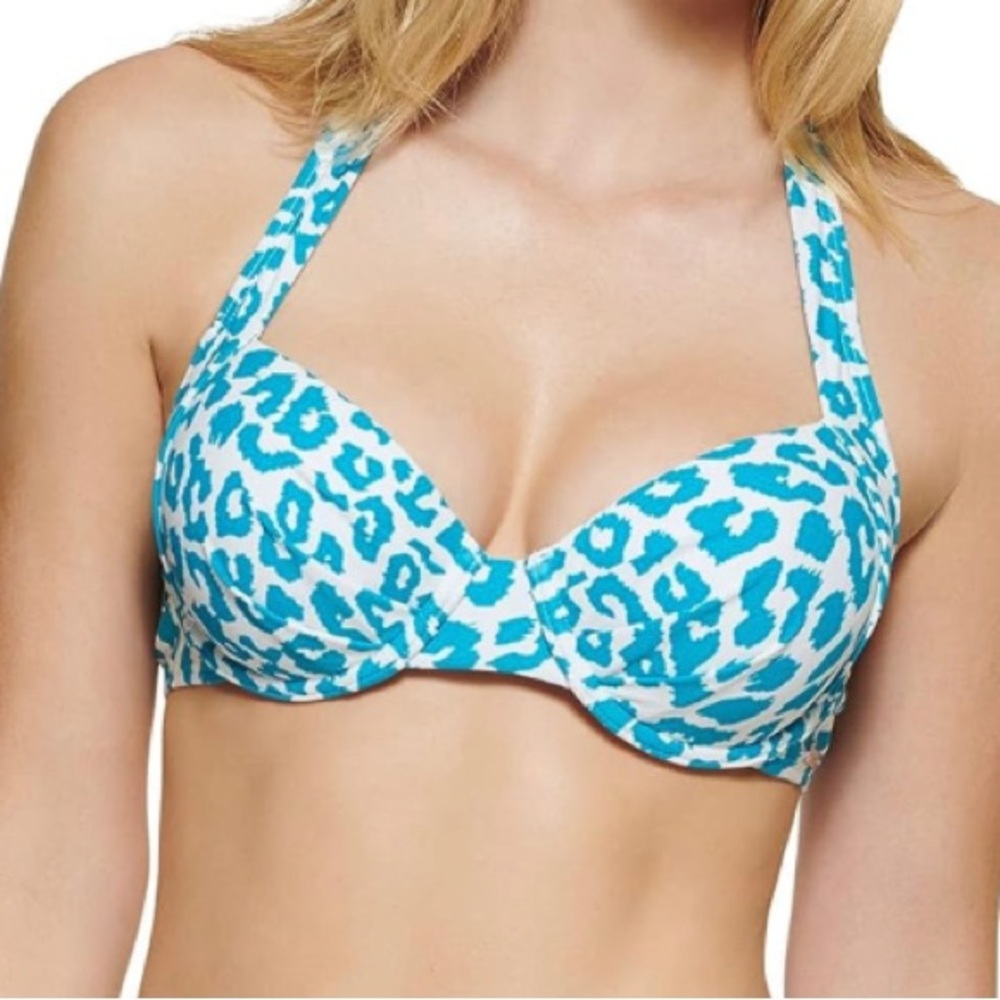 Calvin Klein women’s Pleated Convertible Underwire Bikini Top in blue leopard M